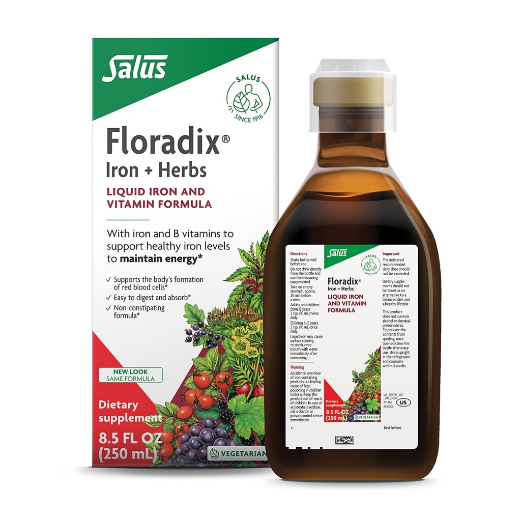 Floradix Ferro & Ervas - Suplemento de ervas líquidas para apoio energético - Suplemento de ferro com vitamina C & Complexo de vitamina B - para homens e mulheres - 8.5 fl oz