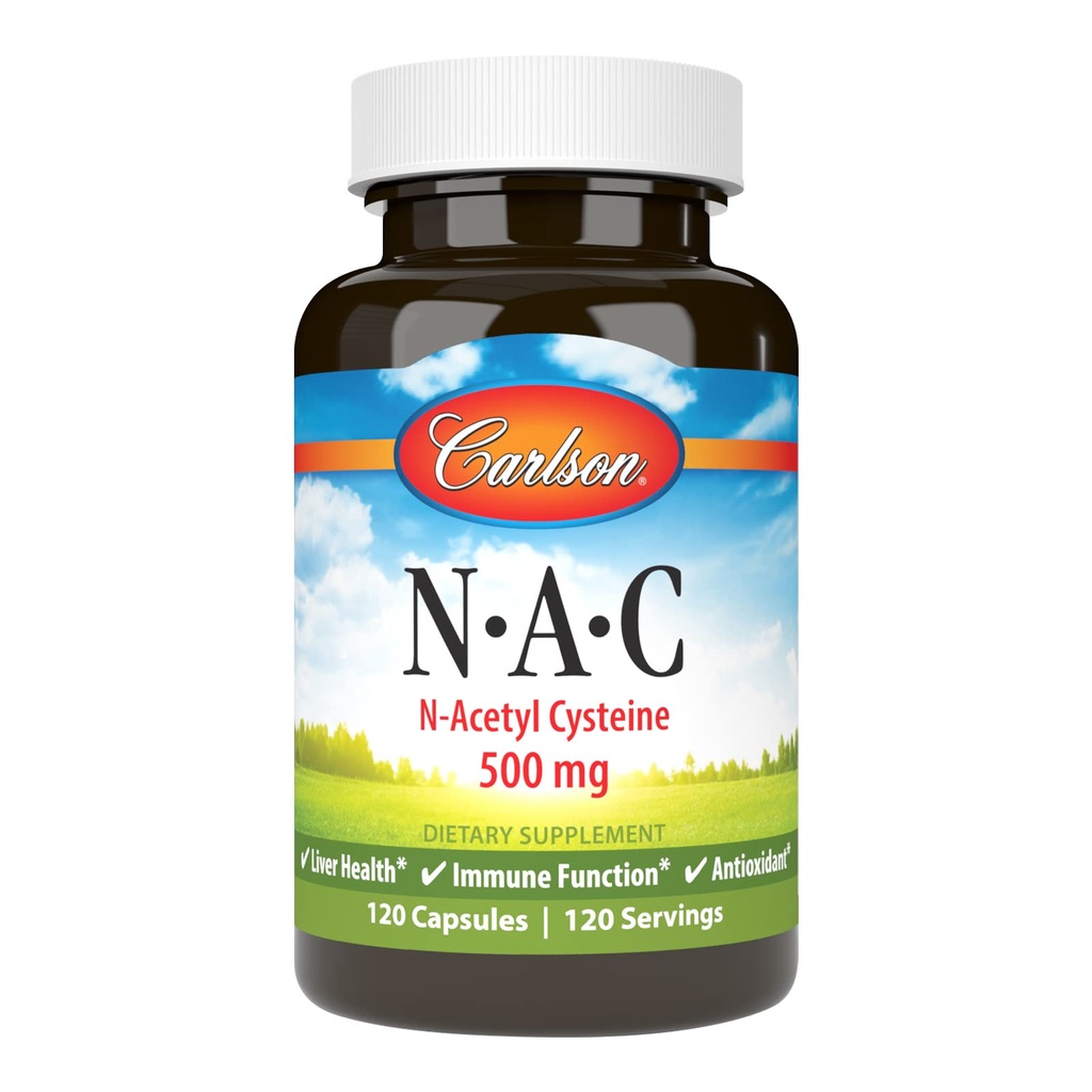 Carlson - NAC, N-Acetil Cysteine, 500mg, Saúde do Fígado, Função Imunológica, Antioxidante, 120 Cápsulas Vegetarianas