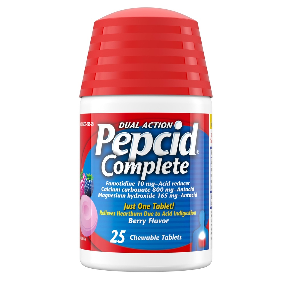 Redutor de Ácido Completo Pepcid + Antiácido para Reflux Ácido, 10mg Famotidina, 800mg Carbonato de Cálcio e 165mg Hidroxido de Magnésio por Medicina da Azia Tablet, Antiácido Chews, Berry, 25ct