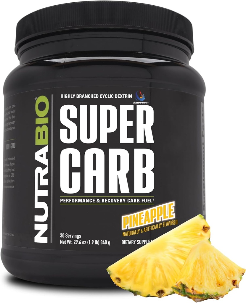 NutraBio Super Carb, Pó carboidratado com cluster Dextrina e Eletrolitos, Pó de Suplemento de Carbo Avançado para Combustível de Trabalho, Desempenho e Recuperação Músculo, Dextrina Cíclica, Abacaxi, 30 Sv