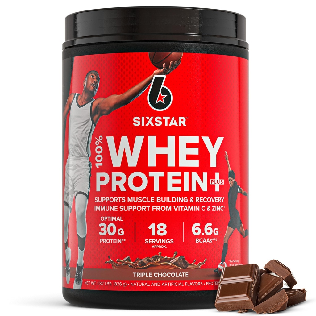 Seis Estrelas de Whey Protein Powder Plus - Muscle Building & Recovery Formula com Whey Isolate Powder, BCAAs, 30g Protein, Imune Support - Suplemento pós-trabalho - Triplo Chocolate, 1,8 lbs