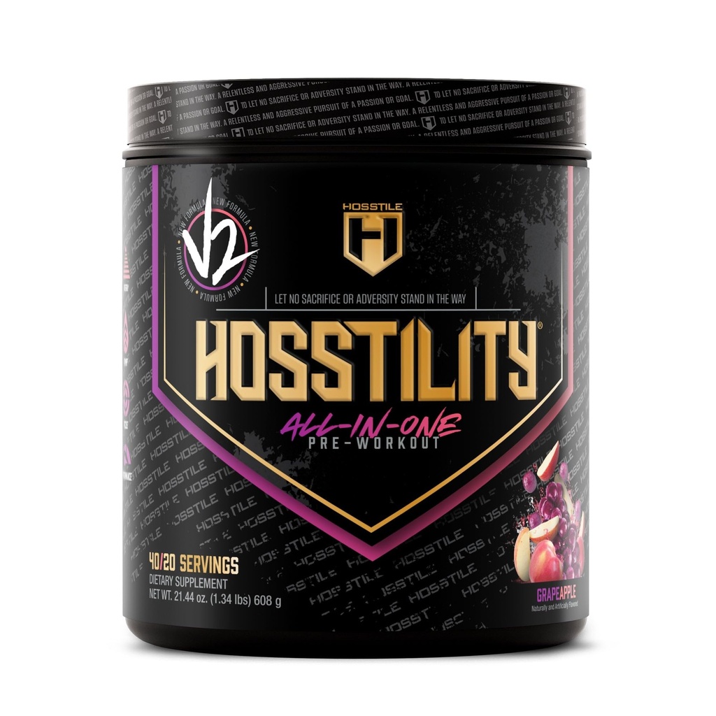 HOSSTILE Hosstilidade V2 Pré-treino, Tudo-em-Um Pré-treino Pó para Homens e Mulheres, Melhorar a bomba muscular, aumentar a energia, aumentar a força, afiar foco, maçã de uva, 40 Servings