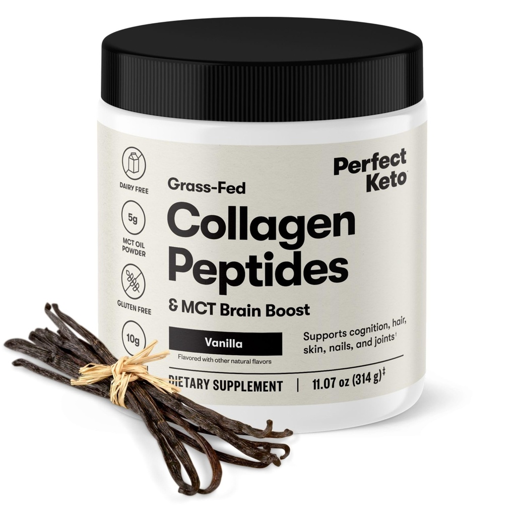 Perfeito Keto Collagen Peptides Protein Powder com óleo MCT, Feed grama, Colágeno hidrolisado, Tipo I & III Suplemento, Keto creme de café, baunilha