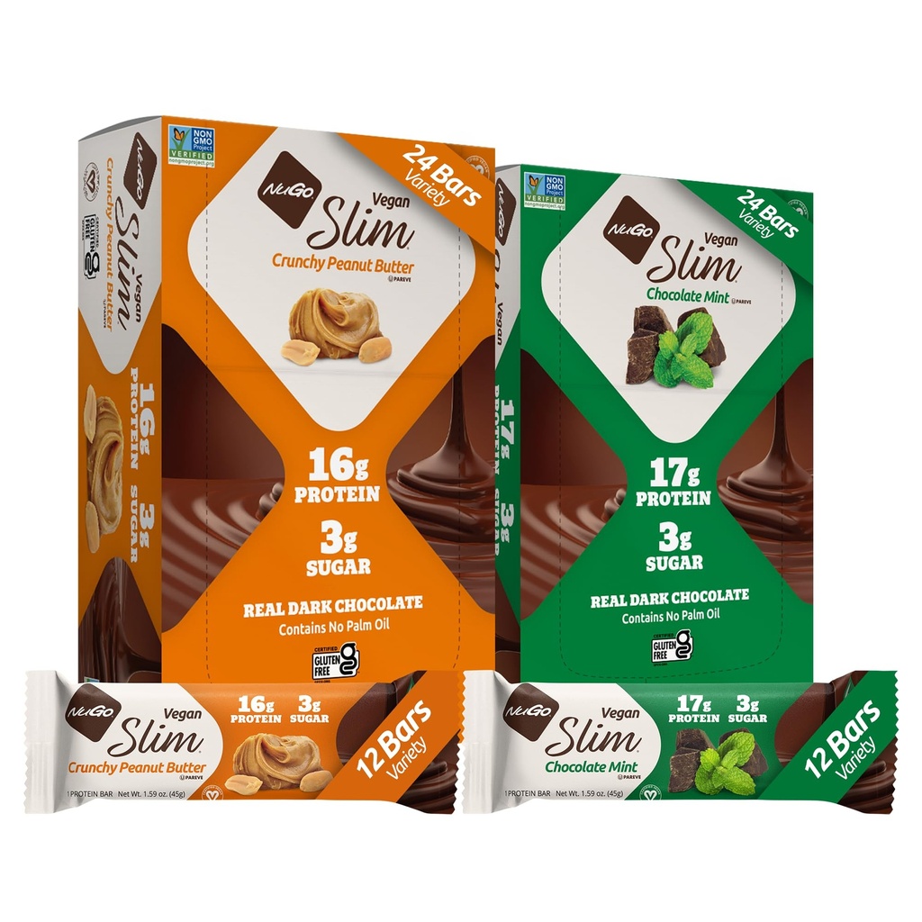 NuGo Slim Vegan Variety - Crunchy Peanut Butter 12 bares e chocolate hortelã 12 bares, Low Net Carb, Keto Friendly, 16-17g Proteína Based Planta, Glúten livre, 24 contagem