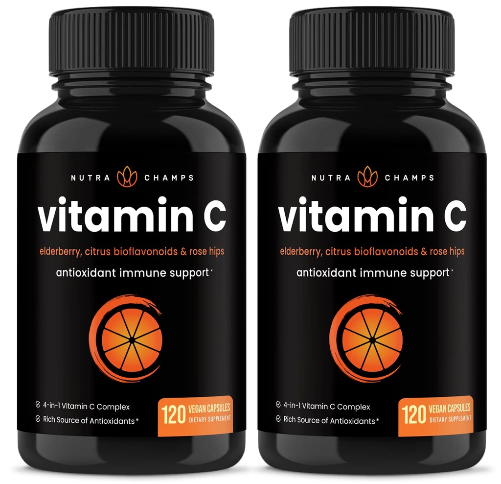 NutraChamps (2 Pack) Vitamina C 1000mg com Elderberry, Citrus Bioflavonoids & Rose HIPS - 120 Cápsulas Vegan, Suplemento Antioxidante Não-GMO para Saúde Imune & Produção de Colágeno 500mg Pílulas em Pó