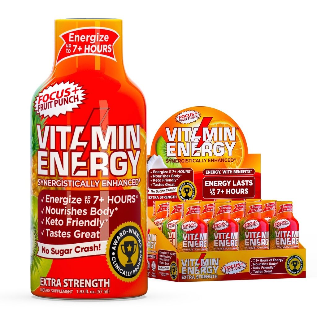 Vitamina Energy Focus+ Energia extra forte Shot Fruit Punch 12 Pack, 260mg Cafeína Natural, B-Vitaminas, CoQ10, Aminoácidos, Foco, Produtividade e clareza, Açúcar Zero, Gluten-Free, 1,93 fl oz