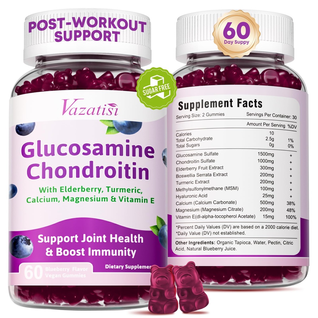 2 Pacote Glucosamina Condroitin Gummies - Glucosamina Condroitin com HSH, Elderberry, Açafrão, Suplemento de suporte conjunto para adultos, homens e mulheres - sabor de mirtilo, 120 Cts