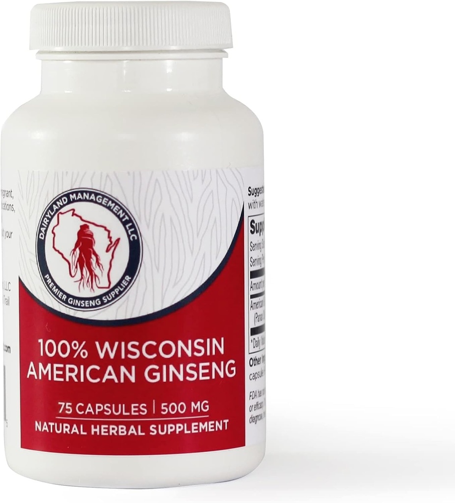 Dairyland American Ginseng Cápsulas, 75 ct (2000 mg) – Concentrado Wisconsin Ginseng Raíz Extrato – Suplemento diário de ervas para suporte imunológico
