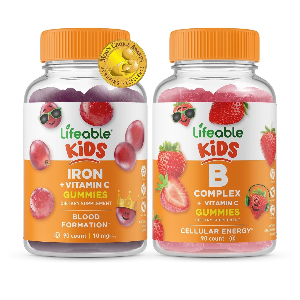 Ferro e Vitamina C para crianças + B Complex Kids, Gummies Bundle - Grande degustação, Suplemento Vitamina, Gluten Free, GMO Free, Gummy mastigável
