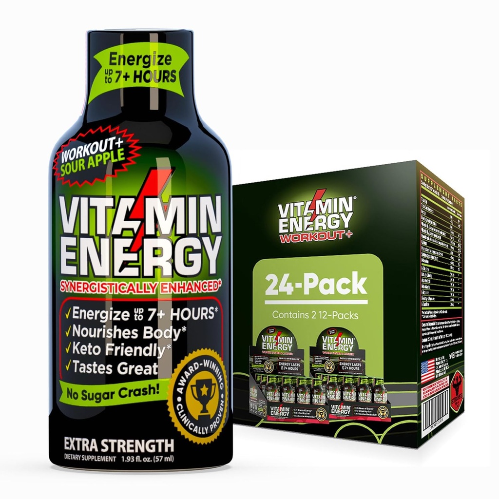 Vitamina Energia Treino+ Força extra Energia Shot Sour Apple 24 Pack, 260mg Cafeína natural, Pré-treino, B-Vitaminas, Minerais, Endurance & Performance, Zero Açúcar, Gluten-Free, Vegan, 1,93 fl oz