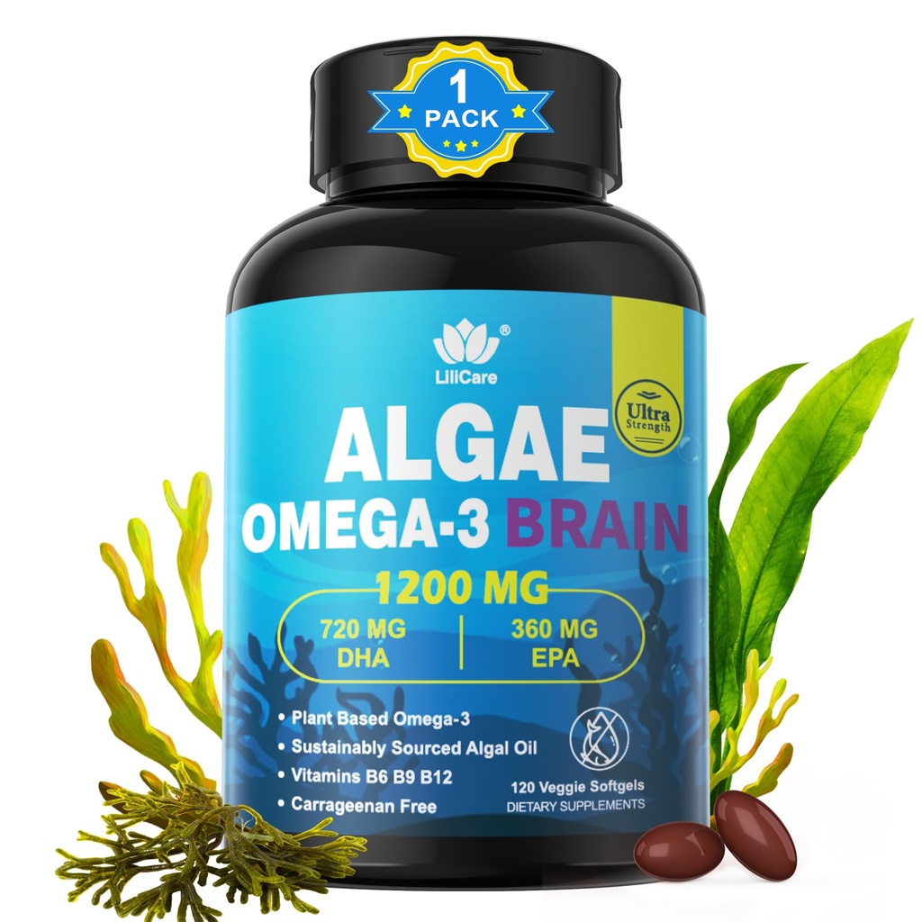 Omega 3 Fish Oil Softgels com DHA 720mg EPA 360mg, Vegan Algae Science 2:1 Razão para o olho do cérebro, planta baseada sustentávelmente Fonte Omega 3 Suplemento, óleo de peixe Alternativa 1200mg, Sem gosto de peixe, 120Cts