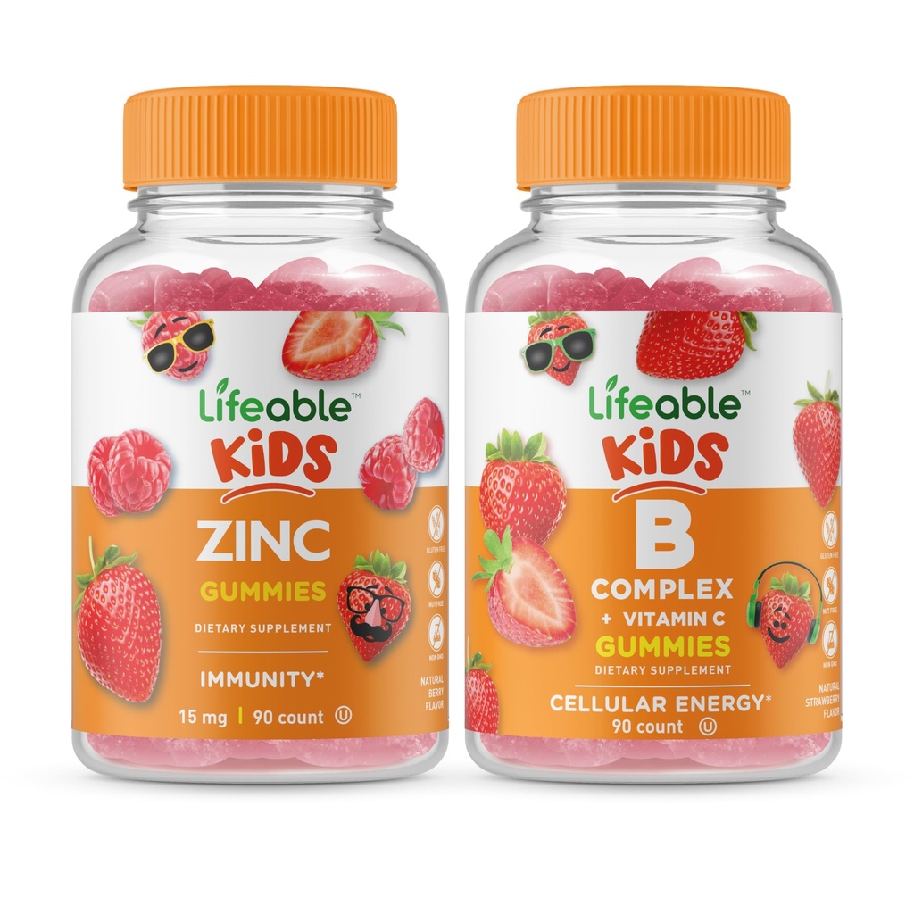 Crianças Zinco vivo + B Complex Kids, Gummies Bundle - Grande degustação, Suplemento Vitamina, Gluten Free, GMO Free, Gummy mastigável