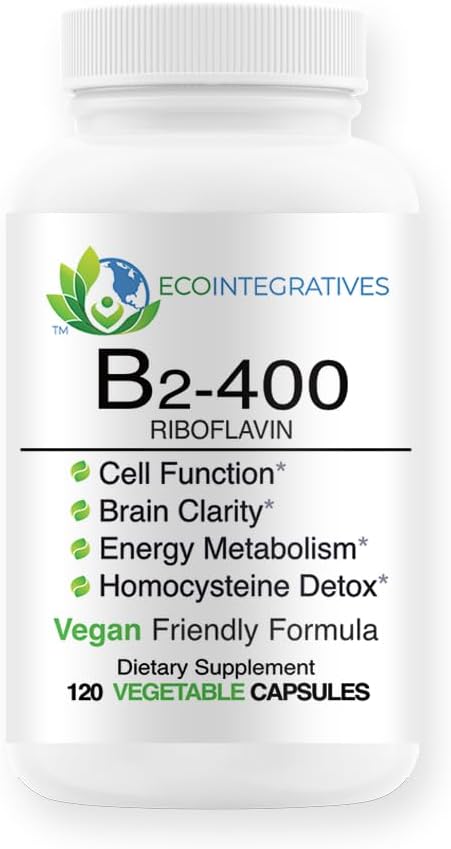 B2-400 Riboflavina Pura - Saúde do Sistema Nervoso, Detox de Homocisteína, Cardiovascular, Ajuda a Aumentar a Energia, a Clareza Mental, o Metabolismo e a Função Celular (120)