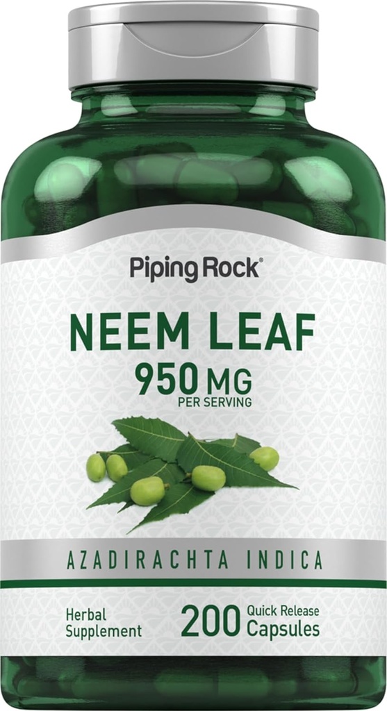 Piping Rock Neem Leaf Cápsulas □ 950mg • 200 comprimidos de pó