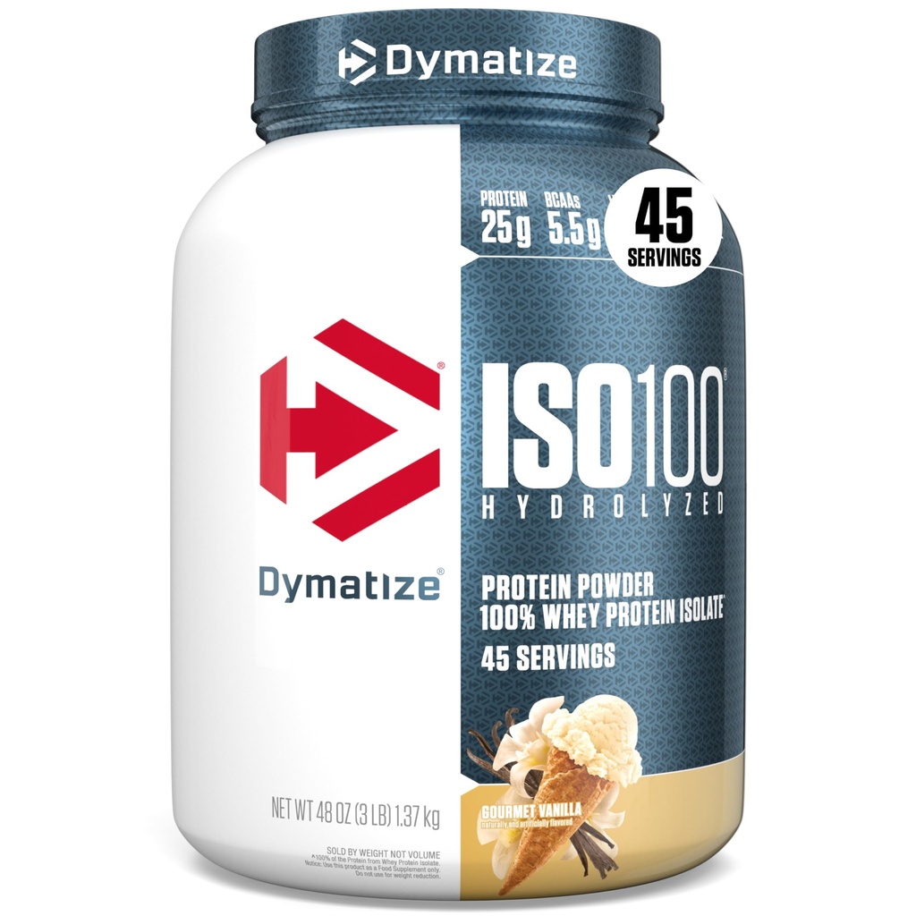 Dymatize ISO100 Whey Protein Powder Isolate, Vanilla, 25g de proteína, 3 libras, 5,5g BCAAs, Menos de 120 cal., Gluten Free, 1g de gordura, 1g de açúcar, 2g de carboidrato (45 servões)