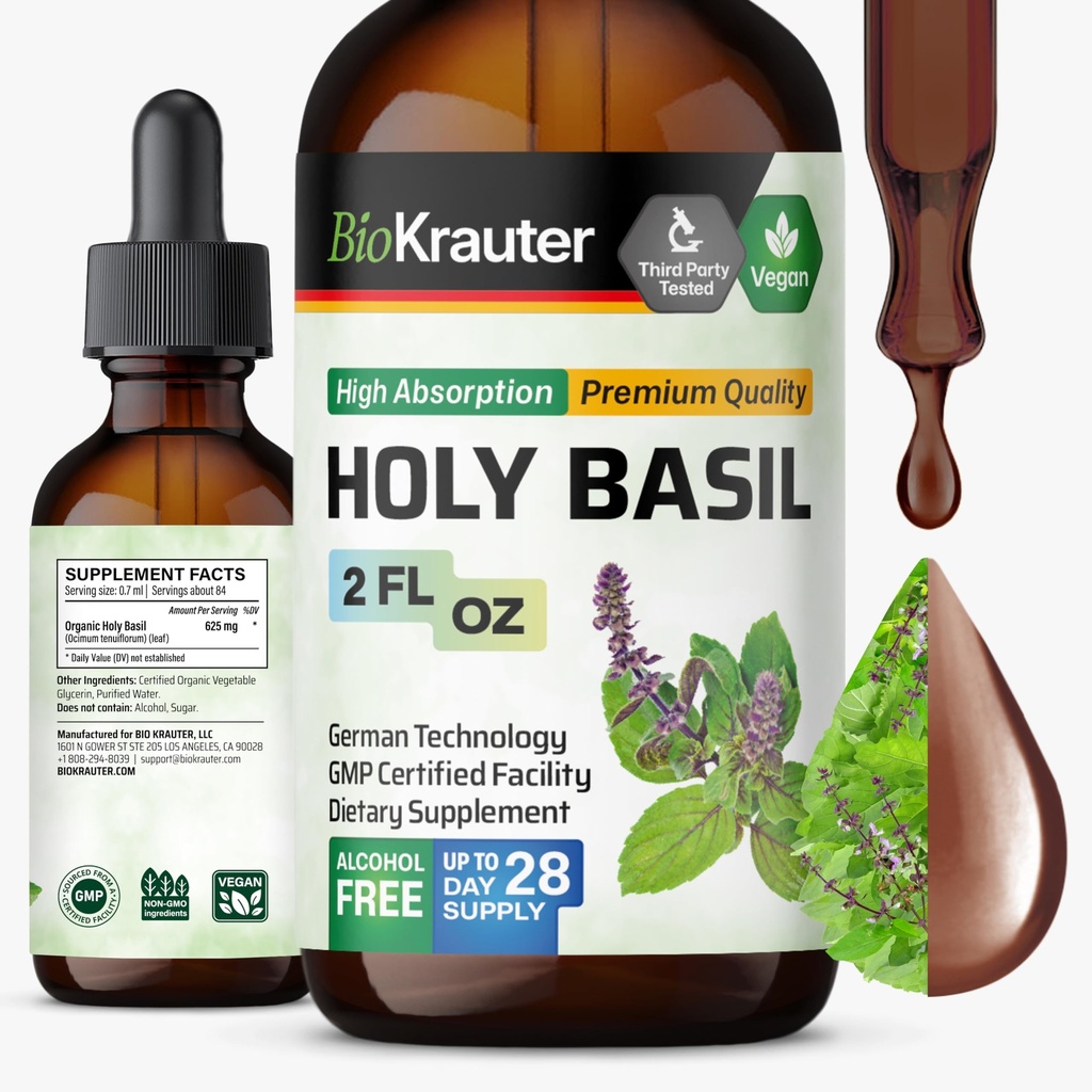 BIO KRAUTER Santo Basil Tintura - Tulsi Pó Extrato Líquido - Suporta Calma e Relaxação - Suplemento de Ácido Ursólico - Álcool e Açúcar Grátis - Gotas Vegan 2 Fl.Oz.