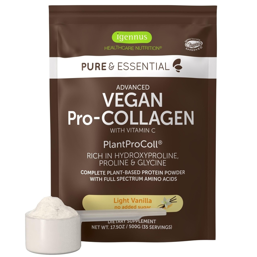 Igennus avançado Vegan Vanilla Colágeno Peptídeo em pó, Melhorado com Glicina, Prolina & Hidroxiprolina & Cofator Vitamina C, Não OGM, Vegetariana planta baseada Colágeno em pó Booster, 35 Servings