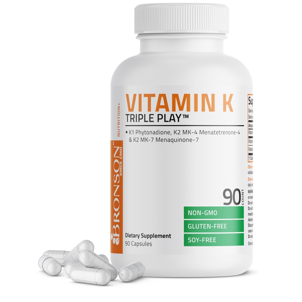 Bronson Vitamina K Jogo Triplo (Vitamina K2 MK7 / Vitamina K2 MK4 / Vitamina K1) Suplemento completo complexo espectro vitamina K, 90 Cápsulas