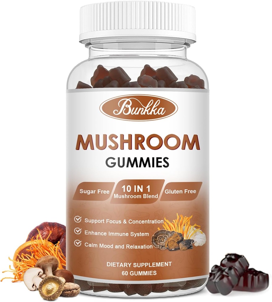 Pastilhas de cogumelos orgânicos 10 Mistura - Complexo de cogumelos - Suporte Imune, Energia - Suplemento de cogumelos para homens e mulheres, 60 chicletes