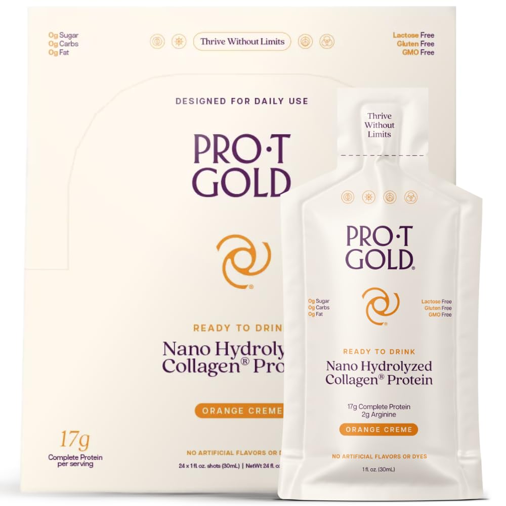 ProT Gold Colágeno Líquido Protein Shot, 17g Clear Protein Nano-Hydrolyzed Grass Fed Colágeno, 2g Arginina para suporte de feridas, Glúten livre, Açúcar livre, 0g carboidratos, Creme laranja, 1 fl oz, 24 Pack
