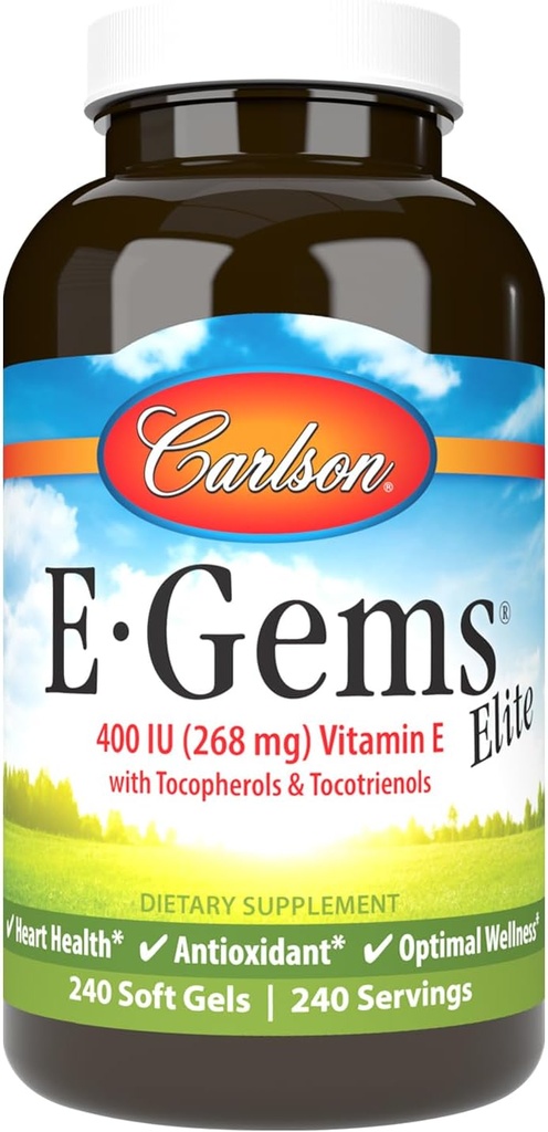 Carlson - E-Gems Elite, 400 UI Vitamina E com tocoferóis e tocotrienóis, Cápsulas de Vitamina E, Saúde do Coração e Bem-Estar Optimal, Antioxidante, Suplemento Vitamina E, 240 Softgels