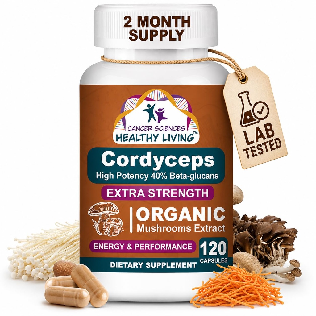 Cancer Sciences Cordyceps Mushroom Supplement Cápsulas - 1.500mg Complexo Orgânico de Cogumelo para Bem-Estar, Alta Potência 40% Beta-Glucans, Immune Supplement for Energy & Stamina Booster, 120 Count
