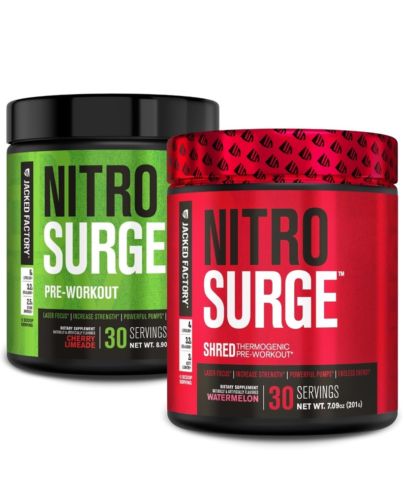 Fábrica Jacked Nitrosurge Pré-treino em Limeada de Cereja e Melancia Nitrosurge Shred Pré-treino termogênico para homens e mulheres