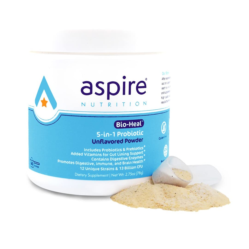 Nutrição Aspire 5-in-1 Bio-Heal® Probiótico para Crianças, Homens e Mulheres - Melhor Suplemento para Função Cérebro, Gut Saúde e Obstipação - Prateleira estável e fortificada com Vitamina, Mineral e Prebióticos - Pó