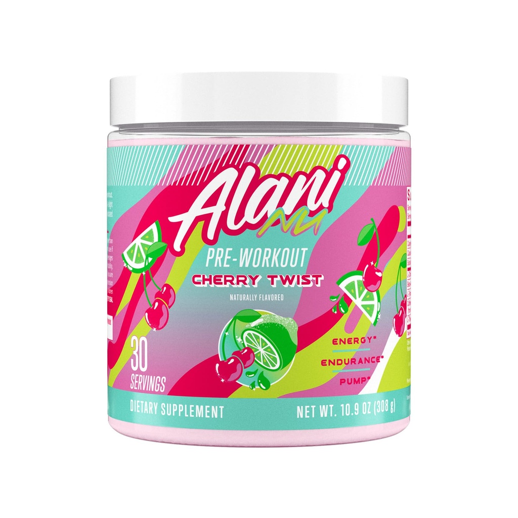 Alani Nu pré treino em pó Cherry Twist, Amino Energy Boost, Suplemento de resistência, Açúcar grátis, 200mg de cafeína, L-Theanina, Beta-Alanina, L-Citrulina, 30 Servings