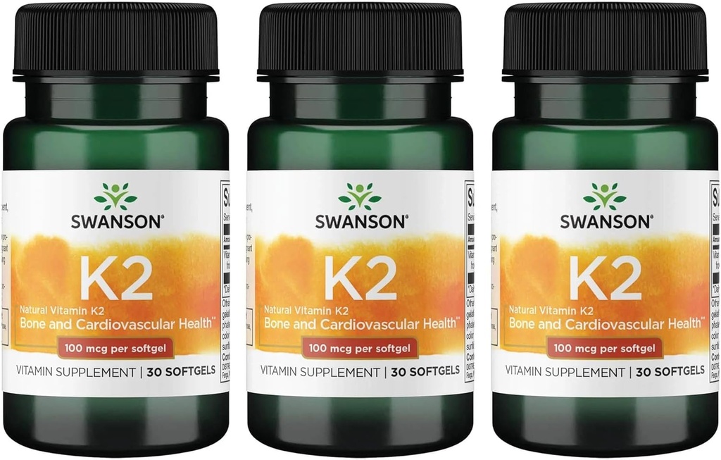Swanson Vitamina K2 (Menaquinona-7) - Suplemento de vitamina que apoia a saúde cardiovascular e óssea - Feito de Natto japonês para ajudar a regular o cálcio - (30 Softgels, 100mcg cada) (3 embalagem)