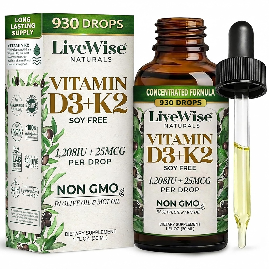 Vitamina D3 com K2 gotas líquidas, todos naturais, não-GMO, 1208iu D3 e 25mcg K2 (mk7) por servir, apoiar seus ossos, sistema imunológico e níveis de energia, com ou sem óleo de hortelã