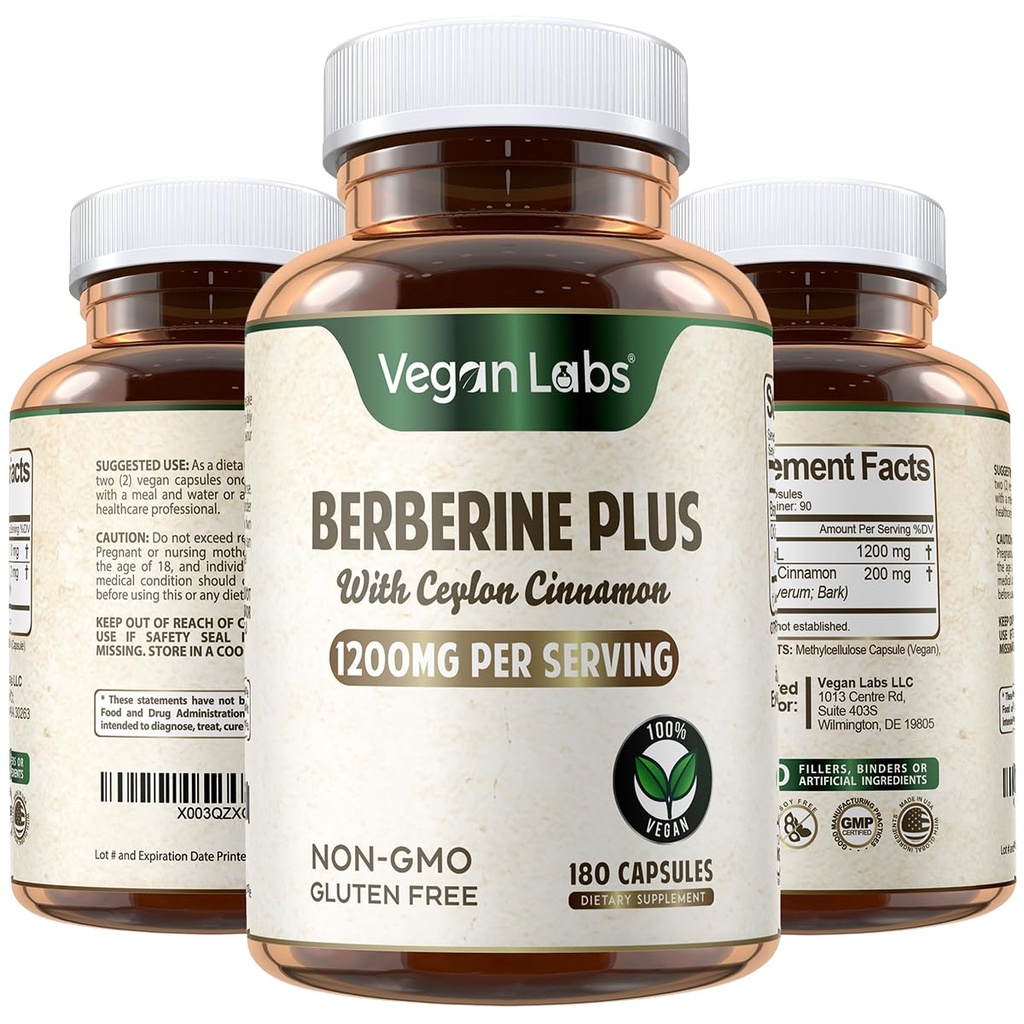 Vegan Labs Berberine HCL 1200MG com Ceilão orgânico Canela- 180 Vegan Cápsulas- Suporta Saúde geral e sistema imunológico