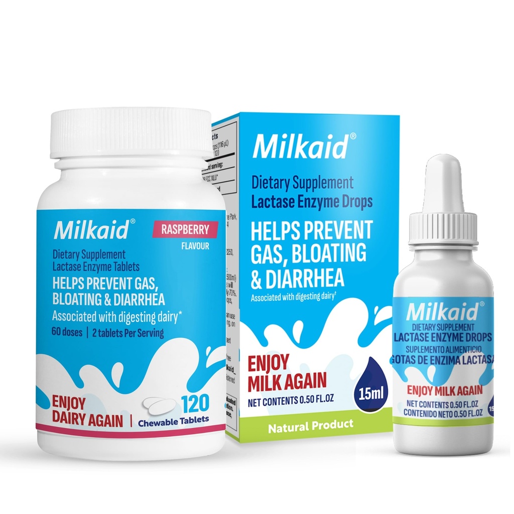 Milkaid Lactase Enzyme Drops Comprimidos para Alivio de Intolerância de Lactose * Previne Gás, Bloating & Diarrhea * Dairy Digestive Supplement