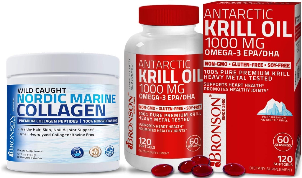 Peptídeos de Colágeno Marinho de Bronson Pó de Proteína Hidrolisada + Óleo de Krill Antártico 1000 mg com Omega-3s EPA DHA