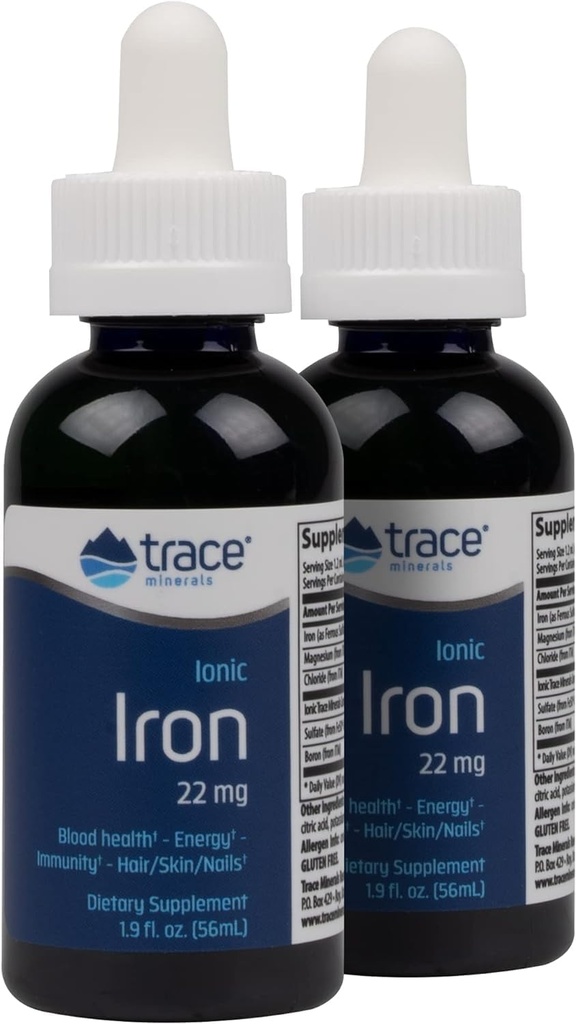 Trace Minerals Ionic Iron, 22mg - Suplemento de Suporte Energético com Magnésio e Ferro - Ajuda Saúde do Cérebro & Imune System Function - Gluten-Free Liquid Supplement - 1.9 fl oz (2 Pack) (92 Servings)
