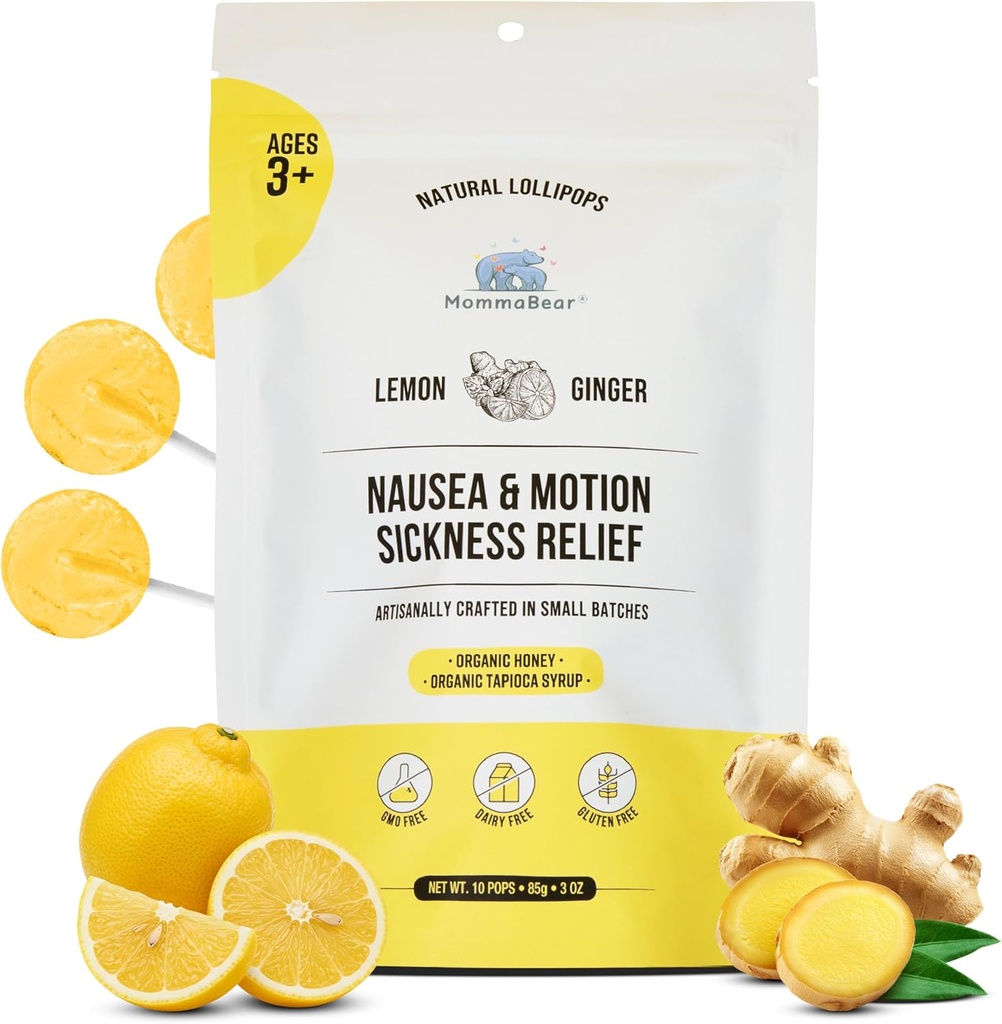 MommaBear Náusea & Motion Sickness Lollipops – Não-GMO Lemon & Ginger Candy for Náusea – Pirulitos Orgânicos para Crianças 3+ e Mulheres Grávidas para Aleviar Queasis – Apertado para Frescura (10 Pack)