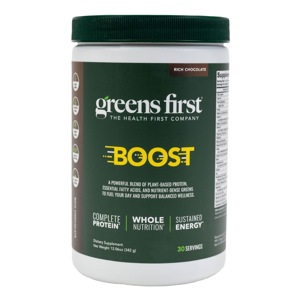 Greens First Boost - Proteína Baseada em Plantas & Nutrição Equilibrada - Superfood Shake Mix - Sem trigo ou soja - Dairy-Free - Vegan - Chocolate holandês, 12.28 oz.