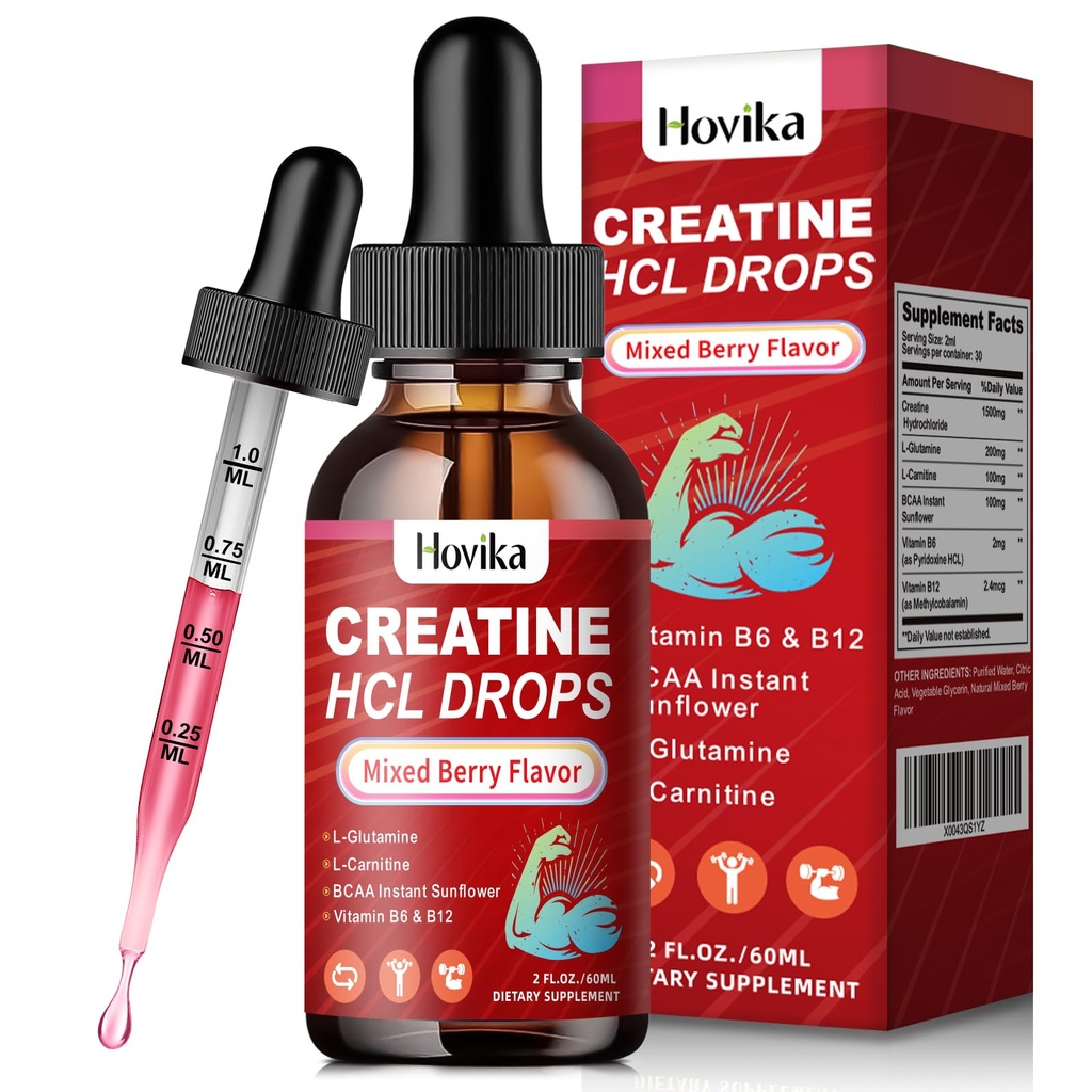 Creatina HCL líquido gotas para homens e mulheres, cloreto de creatina com L-Carnitina, L-Glutamina, BCAA, vitamina B12 & B6 para o crescimento muscular e recuperação-Vegan, sabor de sabor de cereja mista, 2 Fl Oz