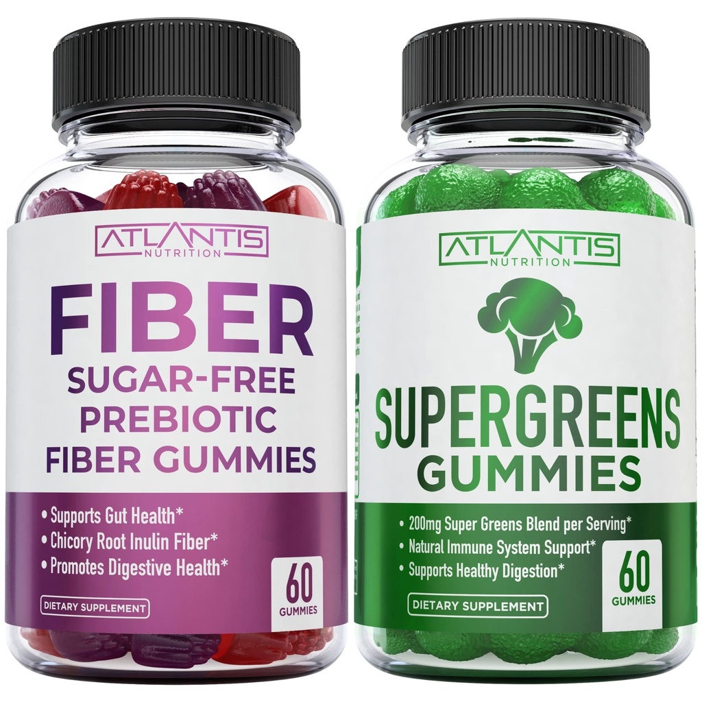 Nutrição Atlântida Pastilhas de Fibra Prebiótica Livre de Açúcar para Adultos 2-Pack (120 chicletes) + Supergreens 60 chicletes