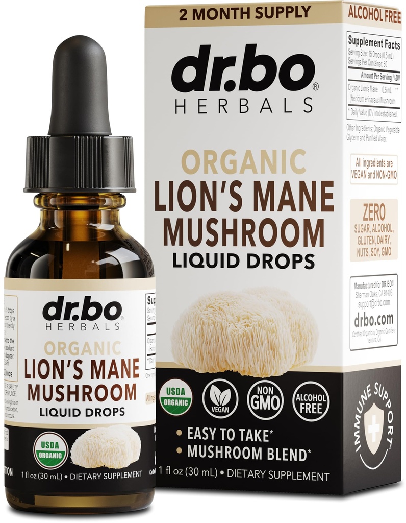 Leões Mane Mushroom Supplement Drops - Leão Orgânico Mane Mushroom Tintura líquida para foco, Nevoeiro Cérebro Saúde Suplementos - Vegan Herbal Nervine Nootropic Organic Lions Liquid Supplement Extract 1oz