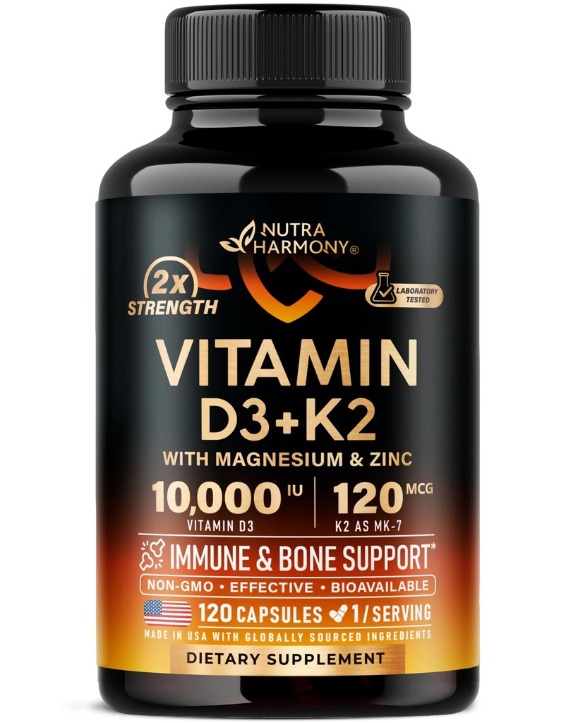 Vitamina D3 K2 - Vitamina D3 10000 iu & K2 como MK-7 120 mcg - Imune & Mood Support, para a saúde dos ossos e dentes - com magnésio, zinco e vitamina C & B12 - Altamente Biodisponível - Feito nos EUA, 120 cápsulas