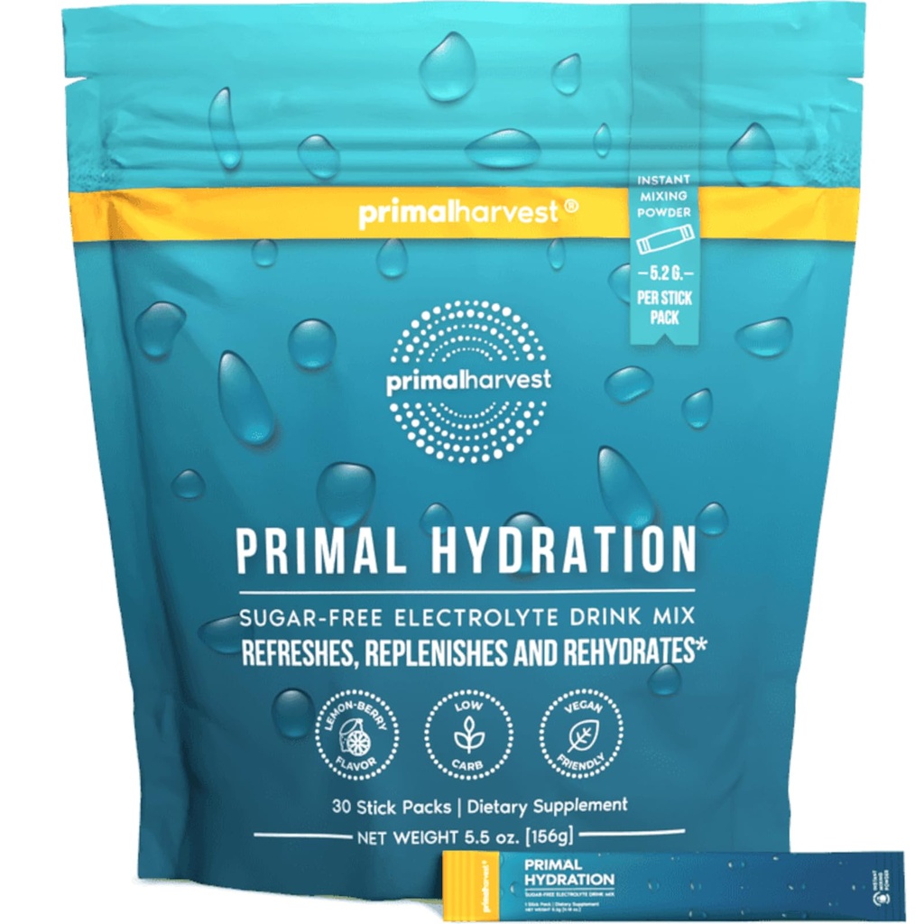 Eletrólitos de Colheita Primais Em pó Pacotes de Hidratação Primal, Pacotes Abertos Fácil, Mistura de Bebida Energética (Lemon Berry, 30 Embalagens) (1 Saco)