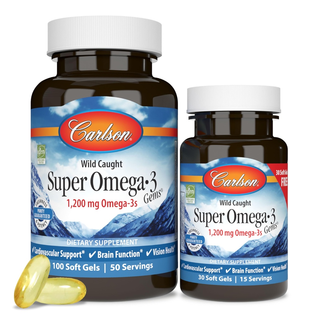 Carlson - Super Omega-3 Gems, 1200 mg de ácidos gordos Omega-3 com EPA e DHA, Wild-Caught suplemento norueguês, cápsulas de óleo de peixe de origem sustentável, Omega 3 Suplementos, 100+30 Softgels