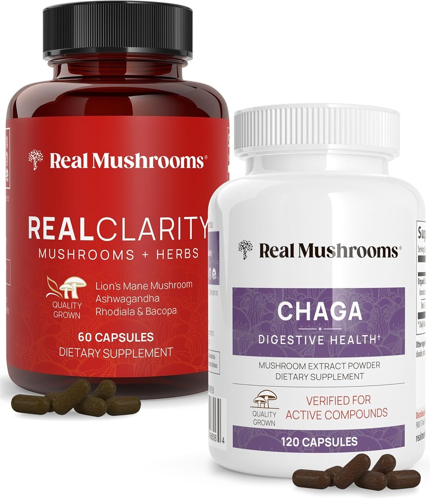 Real Cogumelos RealClarity (60ct) e Chaga (120ct) Cápsulas Bundle - Suplemento de Cogumelo para Clareza Mental, Foco, Saúde Digestiva e Apoio Imune - Vegan, Não-GMO, Níveis Verificados de Beta-Glucans
