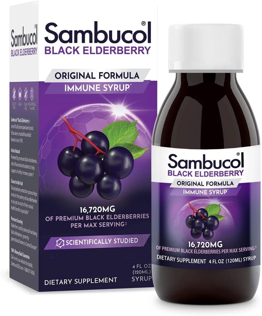 Sambucol Black Elderberry Syrup - Sambucus Elderberry Syrup, Black Elderberry Liquid, Imune Support, Elderberry Syrup para crianças e adultos, Altos antioxidantes, Gluten Free - Fórmula original, 4 Fl Oz