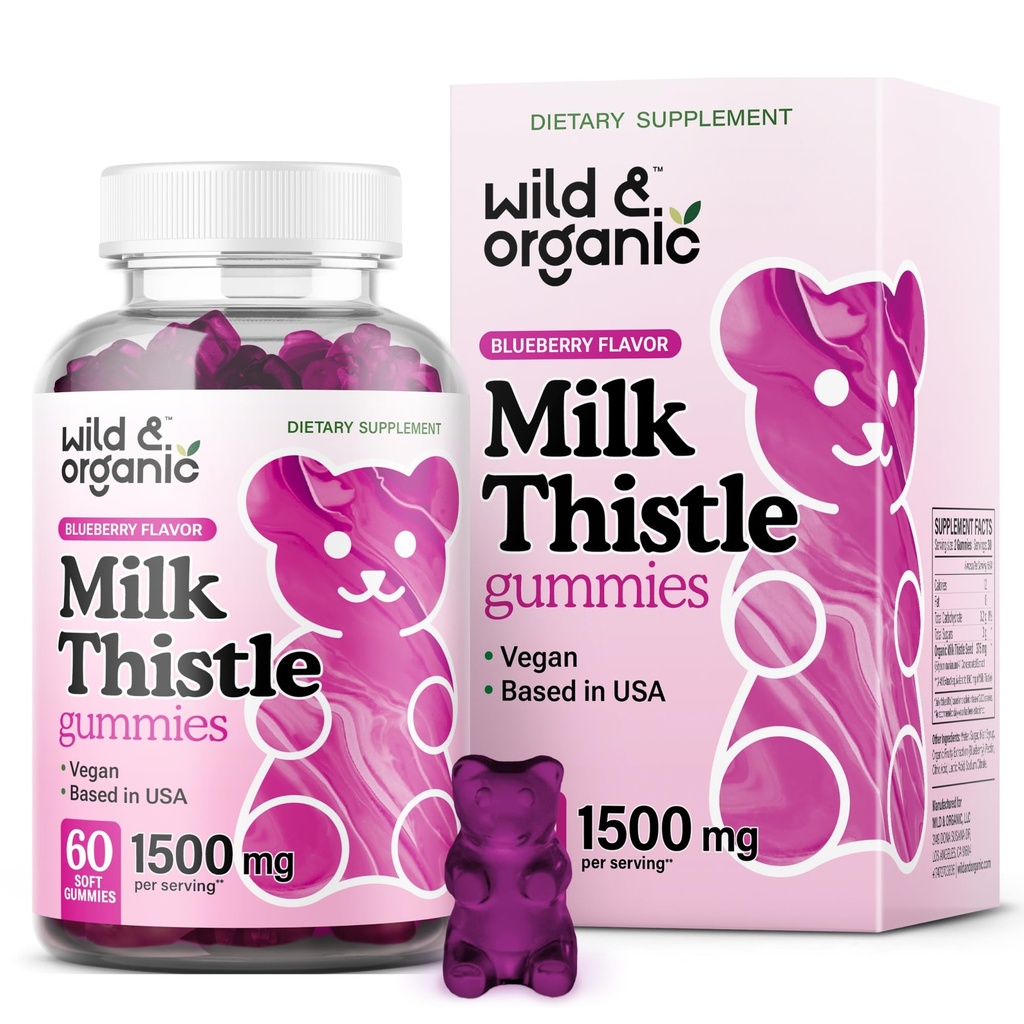 Wild & Organic Milk Thistle Gummies 1500 mg - Milk Thistle Supplement for Liver Cleanse Detox - Silymarin Liver Detox Gummies - 30 dias de fornecimento - 60 Vegan, Non-GMO mastiga