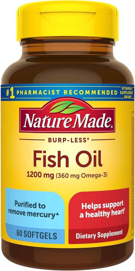 Natureza Made Burp Menos óleo de peixe Omega 3 Suplementos, 1200 mg Softgels, EPA DHA Omega 3 Suplementos de óleo de peixe para saudável apoio cardíaco, 60 Softgels, 30 dias de fornecimento