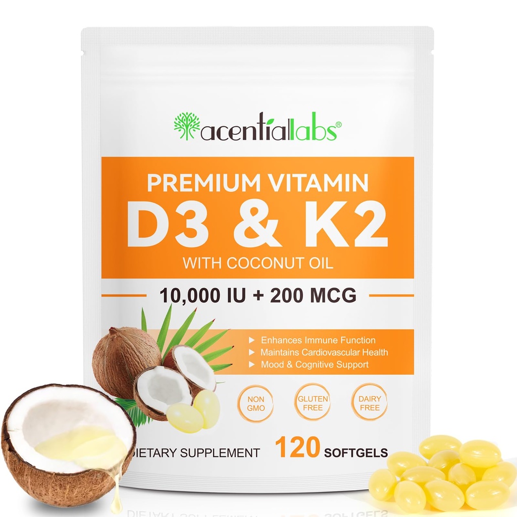 Suplemento de vitamina D3 K2 Softgels, 10000 UI de VIT D3 + 200 MCG K2 (MK-7) Fórmula de reposição 2-em-1 com óleo de coco, Suporta em Absorção de Cálcio, Fácil de Engolir 120 Cápsulas.