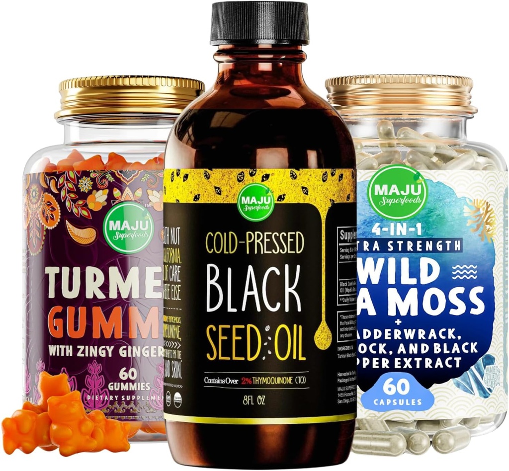 Maju Superfoods Black Seed Oil, 4-em-1 Sea Moss Cápsulas e Curcumin Turmeric Gummies Gummies Bundle