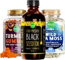 Maju Superfoods Black Seed Oil, 4-em-1 Sea Moss Cápsulas e Curcumin Turmeric Gummies Gummies Bundle